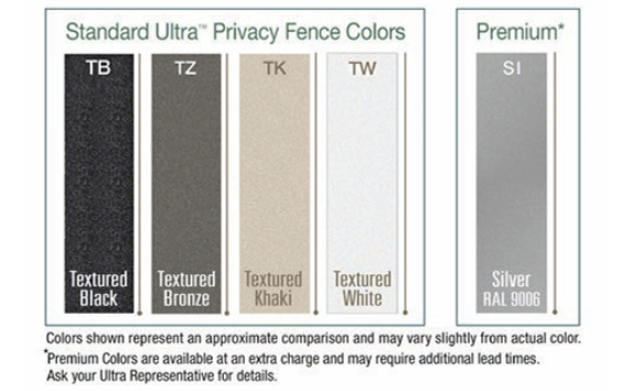 Privacy Fence Colors - Textured Black, Textured Bronze, Textured Khaki, Textured White and Silver.
